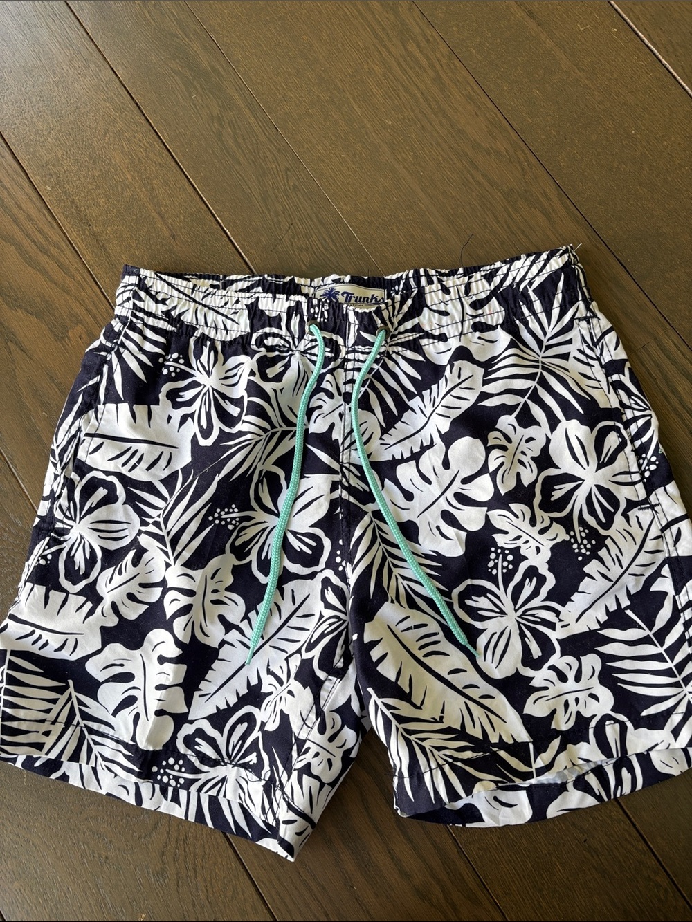 Men's Navy Floral Swim Trunks with Mint Drawstring
